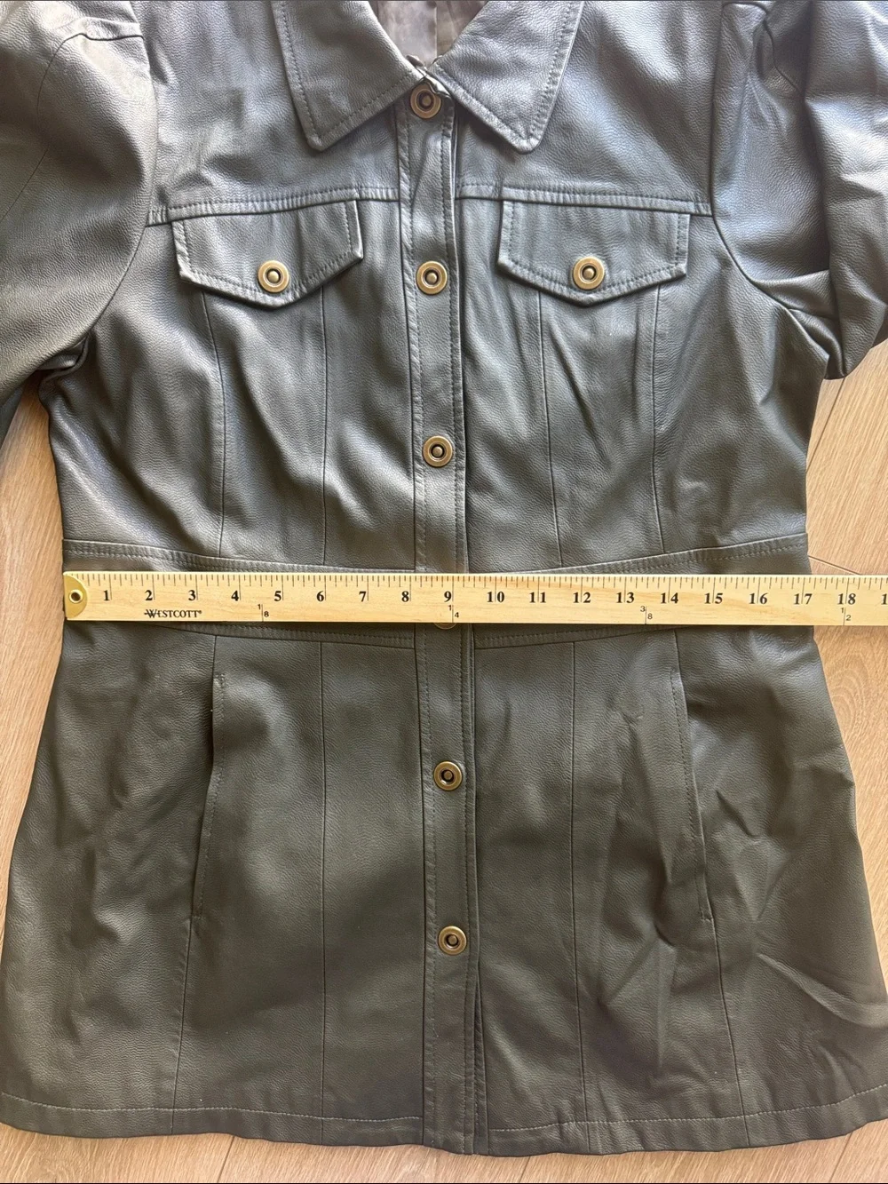 Maeve by Anthropologie Kellie Faux Leather Coat Green Gray Size 10